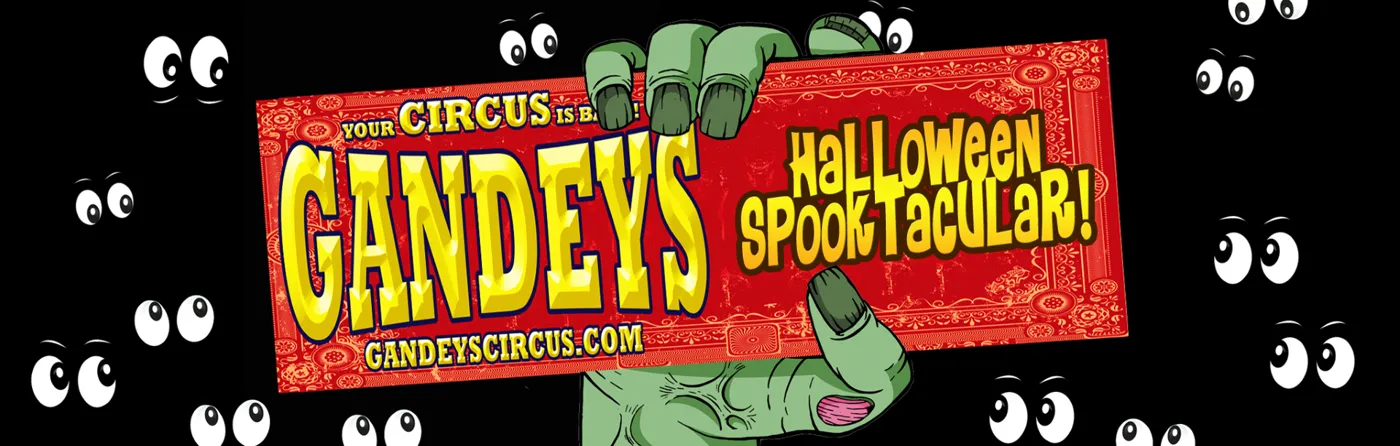 Gandeys Halloween Spooktacular artwork: a green hand holds a red ticket, surrounded by cartoon eyes