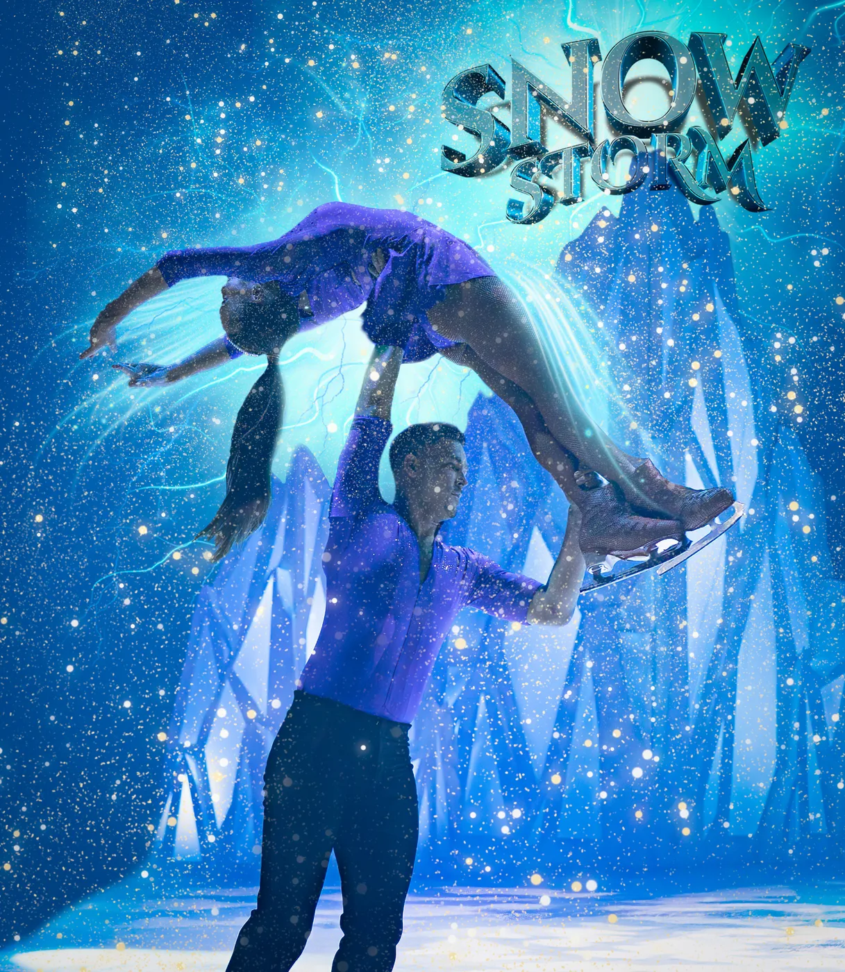 A skater in black holds his partner in purple horizontally above his head in front of the Snowstorm logo