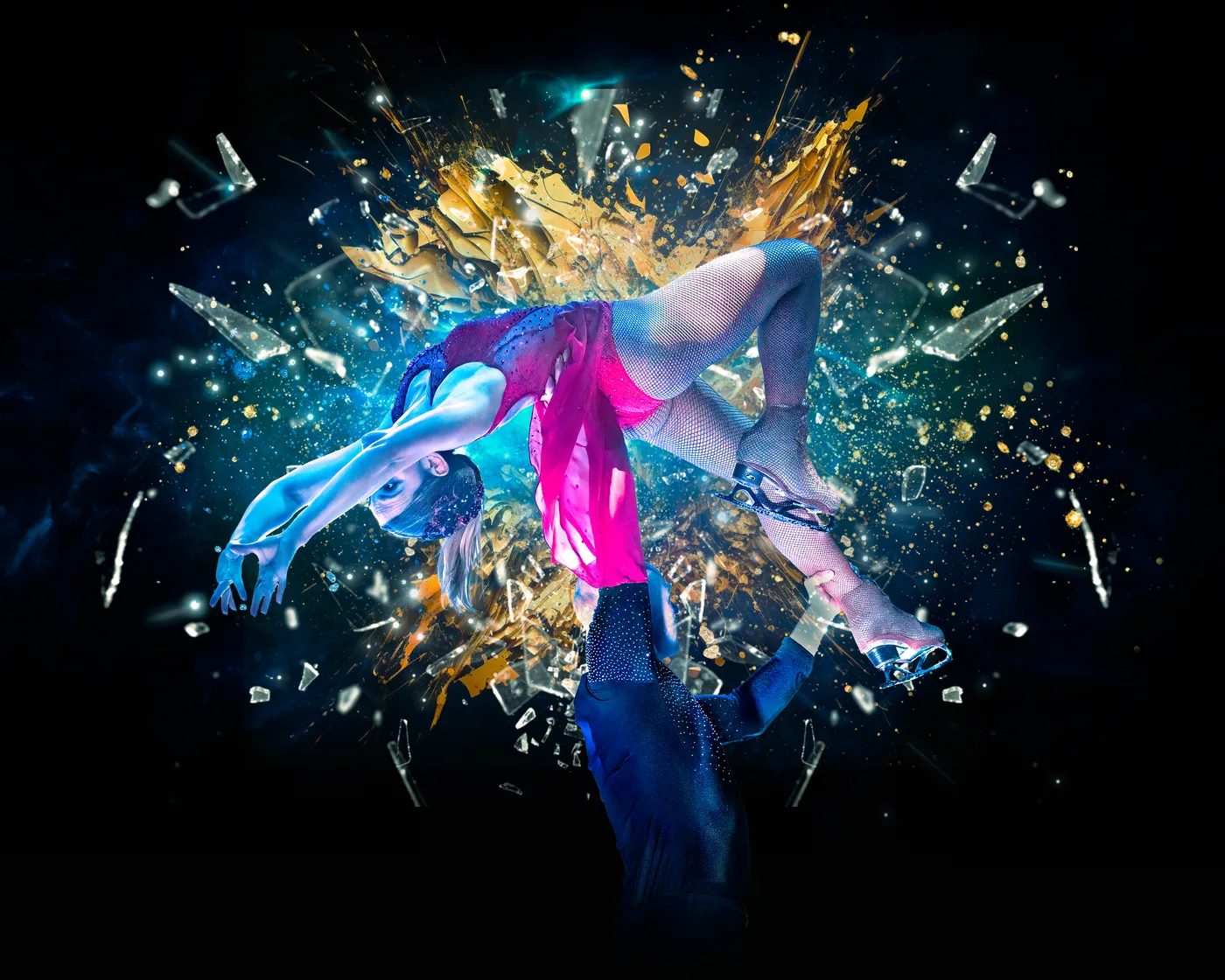 A skater in pink held upside down by her partner against a shattering-glass effect