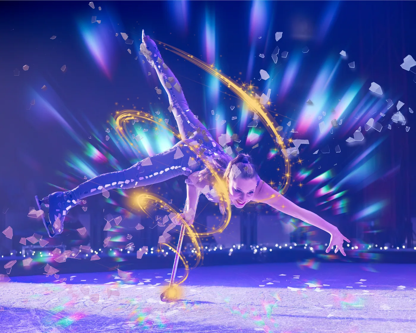 A skater bends low across the ice trailing a ribbon of light
